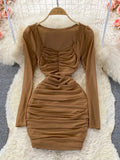 Autumn Sexy Black/Brown Draped Mesh Bodycon Dress Women Elegant Square Collar Long Sleeve High Waist Club Party Vestidos