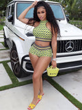 Casual 2 Two Piece Sets Tracksuit Women Outfits Summer 2022 Green Grid Matching Sets Sleeveless Crop Top Biker Shorts
