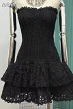 Off Shoulder Strapless Dresses For Women Sleeveless Embroidery Hollow Out Patchwork Ruffles Mini Dress Female