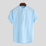 Men Shirts Stand Collar Solid Loose Cotton Blouse Short Sleeve Brand Shirts Retro Harajuku Camisas Hombre Summer