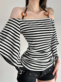 New Retro Stripe Shoulder Horn Sleeve T-Shirt Hottie Beaded Neck Small Repair