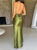 Elegant Women Satin V-neck Low Cut Long Dress Spaghetti Strap Backless Ruched Dress High Split Party Female Vestidos-Outfit