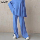 Casual Elegant Pant Sets O Neck Loose Sweater Outfit Autumn Winter 2 Piece Sets High Waist Wide Leg Pants Suits Women