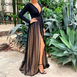 V Dot Mesh Maxi Party Black Dress-Outfit