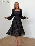 Jacquard Black A-Line Dress Spring 2023 Women Lantern Sleeve Flowing Midi Dress Elegant Lady Chic Long Dress