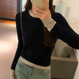 Collision Design Two Long-Sleeved T-Shirts Women's Autumn And Winter New Slim Cashmere Warm Bottomed Blouse-Outfit