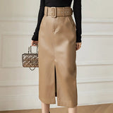 Buckle Belt Mid-length High Waist Skirts Solid Pocket A-line Straight Split Pencil Skirt Hip-wrap PU Leather Skirts