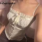 Y2K Satin Crop Top Elegant Vintage Cute Crop Top Bow Button Sweet Mini Vest Women Chic Party Sweats Summer Holiday