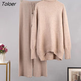 Turtleneck Sweater 2 Piece Set Winter Knitted Long Sleeve Casual Office Stretch Outfit Women Drawstring Wide Pant Suit