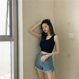 Knitted Round Neck Women T-shirt Sexy Sleeveless Camisole Crop Top Woman Tight Stretch Tank Top Ladies Tee Top Streetwear-Outfit