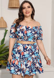 Sweet Off-the-shoulder Short Sleeves Floral Print Plus Size Two Piece Skirt