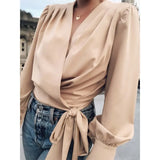 Casual Lantern Sleeve Blouses 2022 Fashion V Neck Short Wrap Shirts Celmia Elegant Bandage Pleated Street Tops