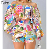 Summer 2023 Off Shoulder Bell Sleeve Crop Top & Shorts Set Daily Graphic Print 2 Piece Outfits Vacation Sexy Short