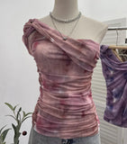 Yarn Printed Slanted Shoulder Sling Vest Retro Design Folding Temperament Short Blouse