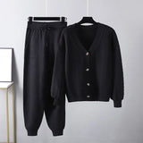 Winter Fashion Knitted Two Pieces Suits V Neck Button Loose Cardigan+Pocket Drawstring Long Pant Women Sweater