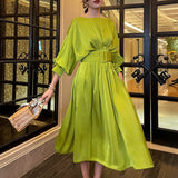 Elegant Solid Dress For Women Slash Neck Lantern Sleeve Sashes Lace Up Midi Dresses Female 2022 Spring Clothing