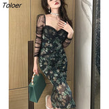 Autumn Women Evening Dress Mujer Floral See Through Low Cut Bodycon Midi Dresses Party Gown Stretchy Robe Femme