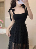 Woman Dress Sleeveless Bandage Bow Mesh Patchwork Layered 2024 Summer Elegant Dresses Party Ladies Black Temperament-Outfit