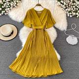 summer new V neck short sleeved dress over the knee slim temperament waist tie big swing pleated Solid Color High
