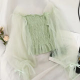 Korean Solid Mesh Long Sleeve Sexy Women Blouses 2020 New Arrival Slash Neck Female Shirts Elegant Mujer