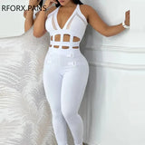Women Casual Solid Hollow Out Halter Buckled Contrast Mesh Deep V Neck Hole Sleeveless Bandage Jumpsuit-Outfit