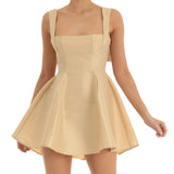 Women Sling Mini Dress Evening Party Summer Clothes Solid Color Sleeveless Backless Square Neck A-line Dress Sexy Club-Outfit