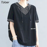 Womens Short-sleeved Hoodies Oversized Korean Loose T-shirt Literary Striped Drawstring Hooded Stitching Printed T-shirt