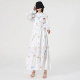 TWOTWINSTYLE Print Colorblock Sashes Dress For Women Stand Collar Long Sleeve High Waist Loose Midi Dresses Female Clothing