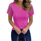 Shirts for Women Casual Summer O Neck Short Sleeve Tops Lace Patchwork Design Slim Fit Pullovers Top 2021 Blusa