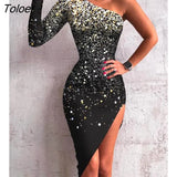 for Women 2023 Party Dress Elegant Luxury Glitter One Shoulder High Slit 2023 Europe and America Fashion Women's