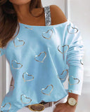 Yskkt Women's Pullover Sweatshirt Heart Printed Long Sleeve One Shoulder Tops Autumn Winter Sweat Shirts Woman Casual