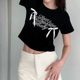 Simple Letter Printing Collision Color Bow Stitching Knitted Blouse Spicy Girl Short Navel T-Shirt Girl-Outfit