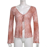 Leopard Printed Flare Sleeve Cardigan Tops Women Vintage Aesthetic Vacation Clothes V Neck Lace Up Casual Grunge