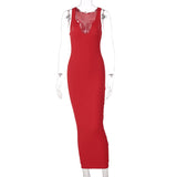 Summer Ribbed Knitted V Neck Black Long Dress Women Sleeveless Slim Party Club Elegant Female Bodycon Midi Dress Streetwear