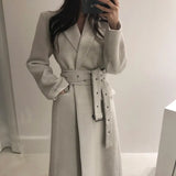 Elegant Turn-down Collar Woolen Coat Autumn Winter Thicken Warm Full Sleeve Belted Female Long Blend