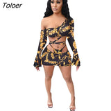 Cut Out Women Set Outfit Autumn Winter Leopard Chain Print 2 Pieces Set One Shoulder Top Leggings Pant Fashion