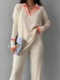 Color Knitted Trousers Suits Lape Knit Pullovers And Drawstring Pants Women 2 Piece Set Female Elegant Casual