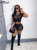 Summer Streetwear Womens 2 Two Peice Set Outfits Short Sleeve Crop Top High Waist Skinny Shorts Suits Mesh Matching