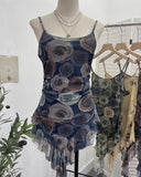 À±bab Net Yarn Print Small Sling Vest Tidly Tidly Ribbon Ribbon Leaves Edge Sleeveless Top