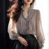 Autumn Alone Special To The Lotus Leaf Collar Beautiful Little Shirt Female Mogo Fish Creation French Lantern Sleeve Pure Color Chiffon