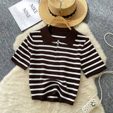 Knitted Women 2025 Summer South Korea Ins New Trendy Sleek Striped T-Shirt Women's