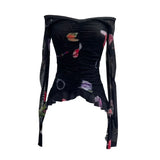 Real Shot One-×Ö Collared Shoulder Long-Sleeved Mesh Printing Top Irregularly Folded Lotus Leaves With Short T-Shirt