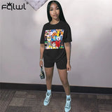 Cartoon Print Two Piece Set Women Suit Summer Outfits T Shirt Biker Shorts Set Women Matching Sets Ladies Tracksuit