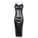 Toloer 2024 Hot Style Sexy Sling Waist Show Thin Bag Hip Slit PU Dress Female Nightclub Clothes-Outfit