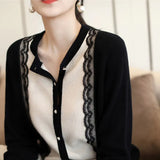 Korean O Neck Long Sleeve Women Cardigans New Single Breasted Lace Patchwork Sweater OL Elegant Outwear