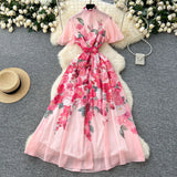 New Holiday Style Dress Women's French Pearl Buckle Waist Thin Temperament Print Chiffon Long