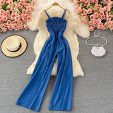Summer Women Denim Romper Sexy Strapless Draped High Waist Jumpsuits Female Black/Blue Wide Leg Spaghetti Strap Rompers