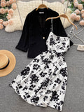 Autumn Vintage Women Two Piece Set Elegant Notched Collar Single Button Coat + Floral Spaghetti Strap Dress Suits 2Pcs