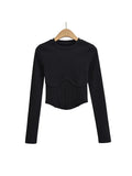 y2k streetwear white crop tops women long sleeve tees sexy o neck cropped t shirt bright line black tops cute ribbed-Outfit