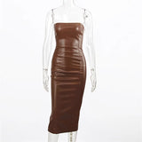 Toloer Color PU Leather Fashion Temperament Slim After The Chest Burst Sexy Long Dress-Outfit